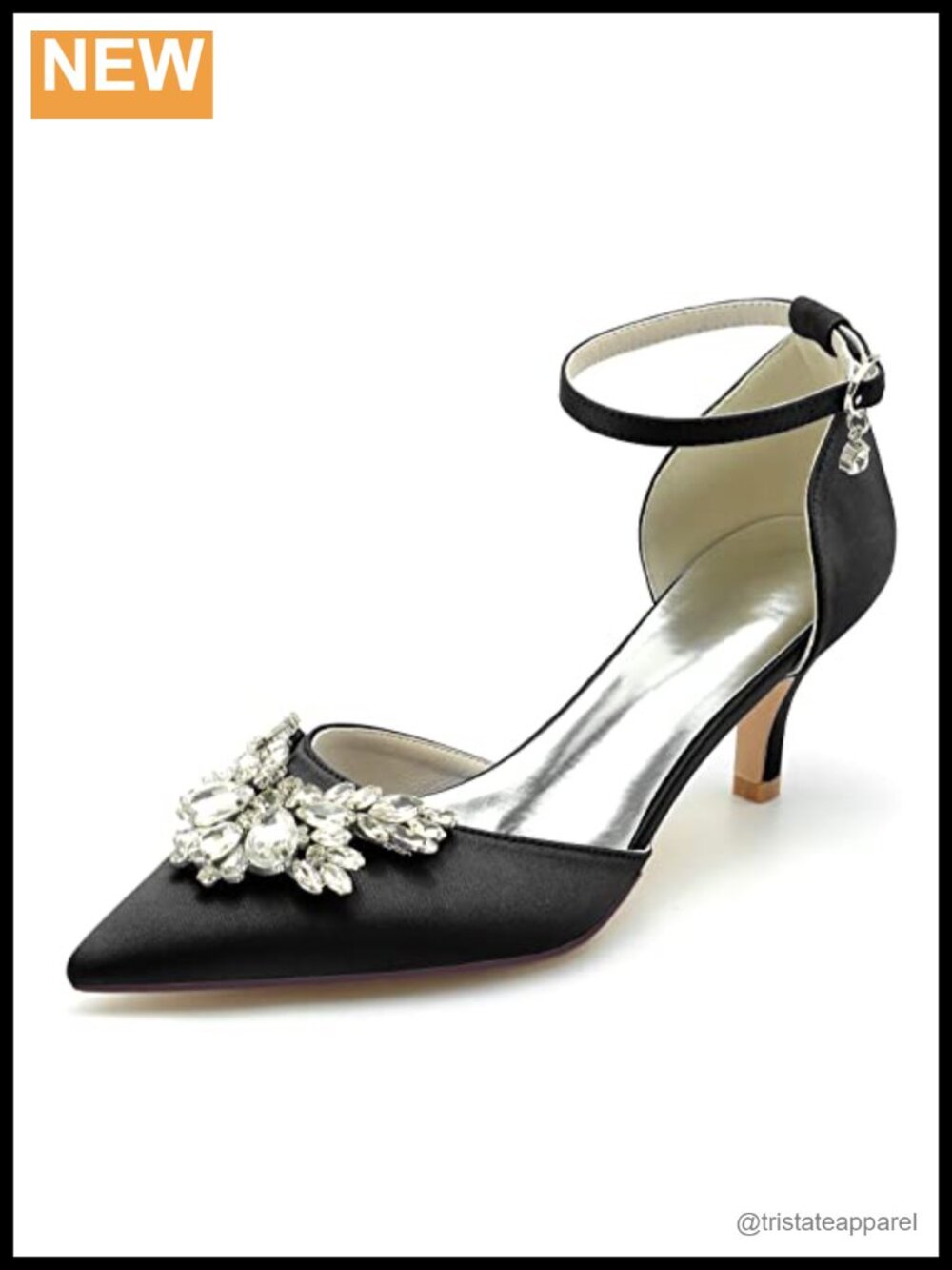 Satin Kitten Heel Wedding Pumps with Rhinestones & Ankle Strap